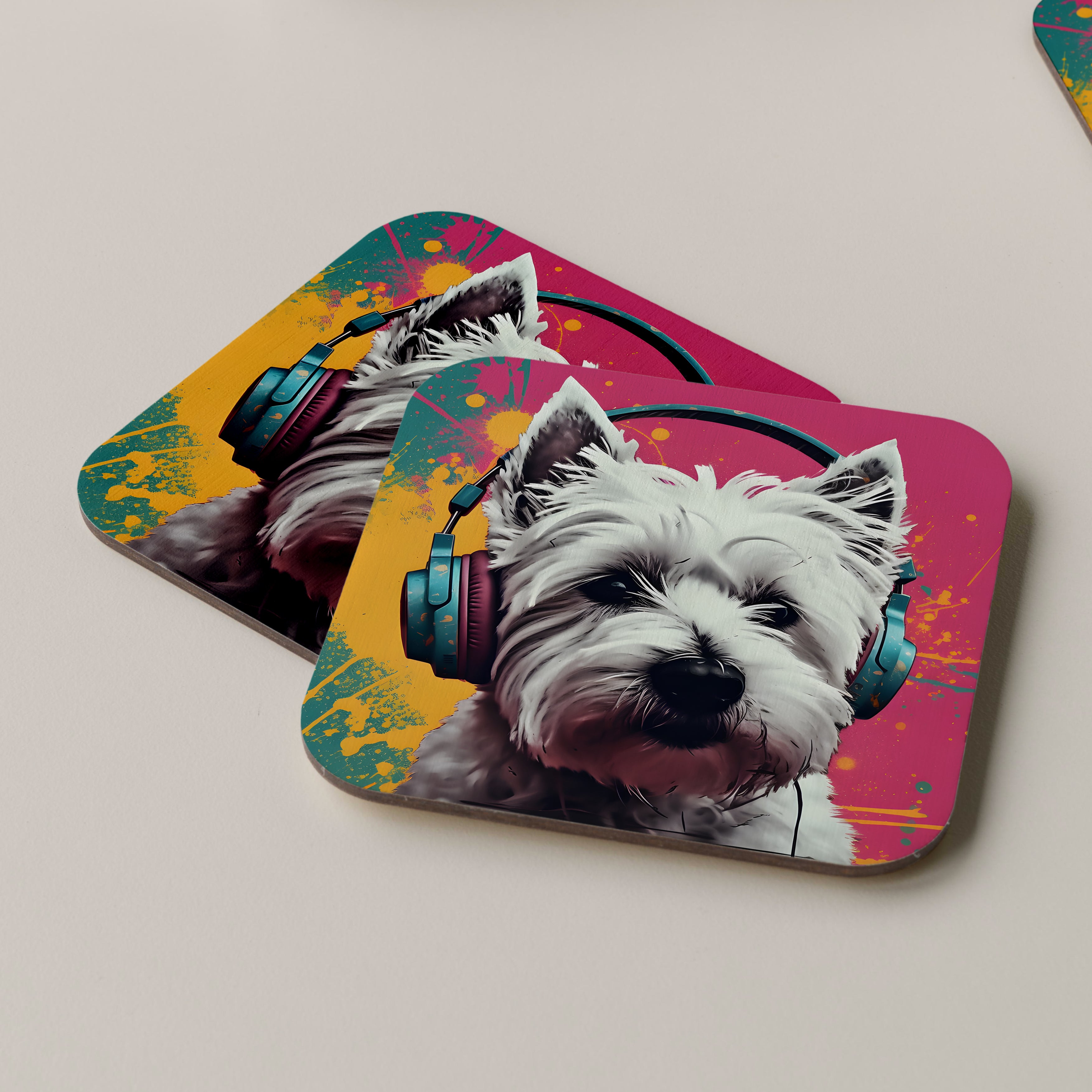 West Highland Terrier Wearing Headphones Coasters
