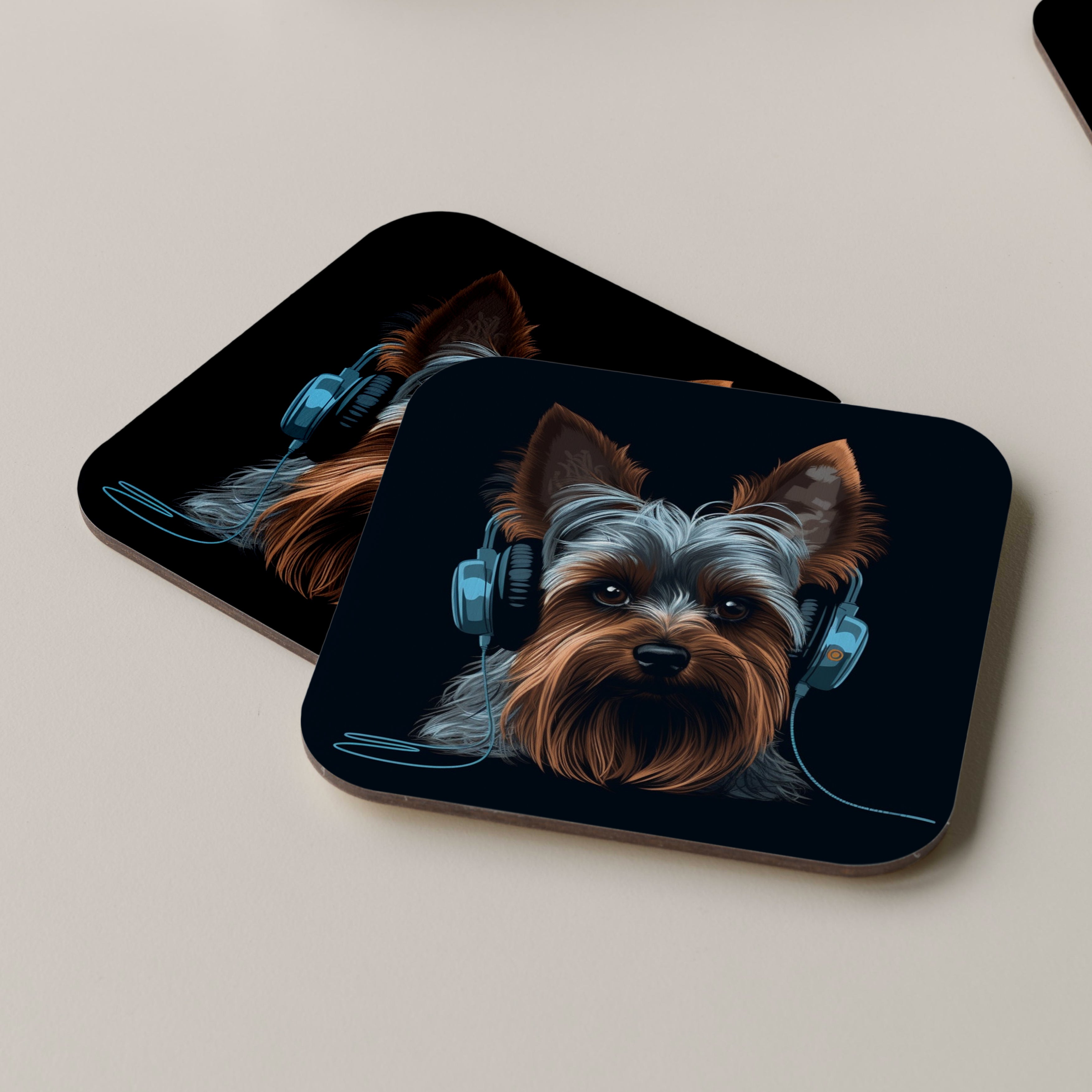 Yorkshire Terrier Wearing Headphones Coasters