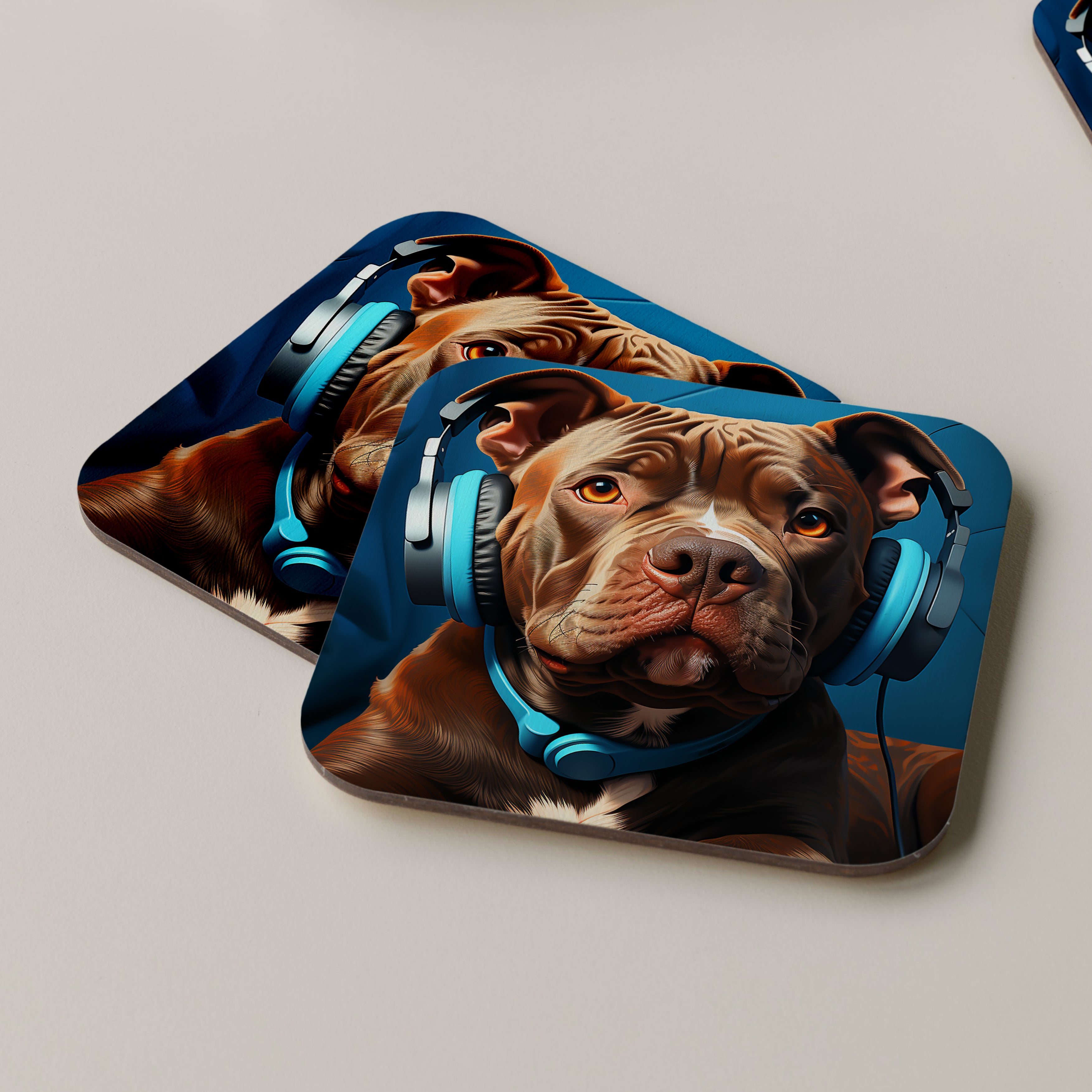 American Bully Wearing Headphones Coasters
