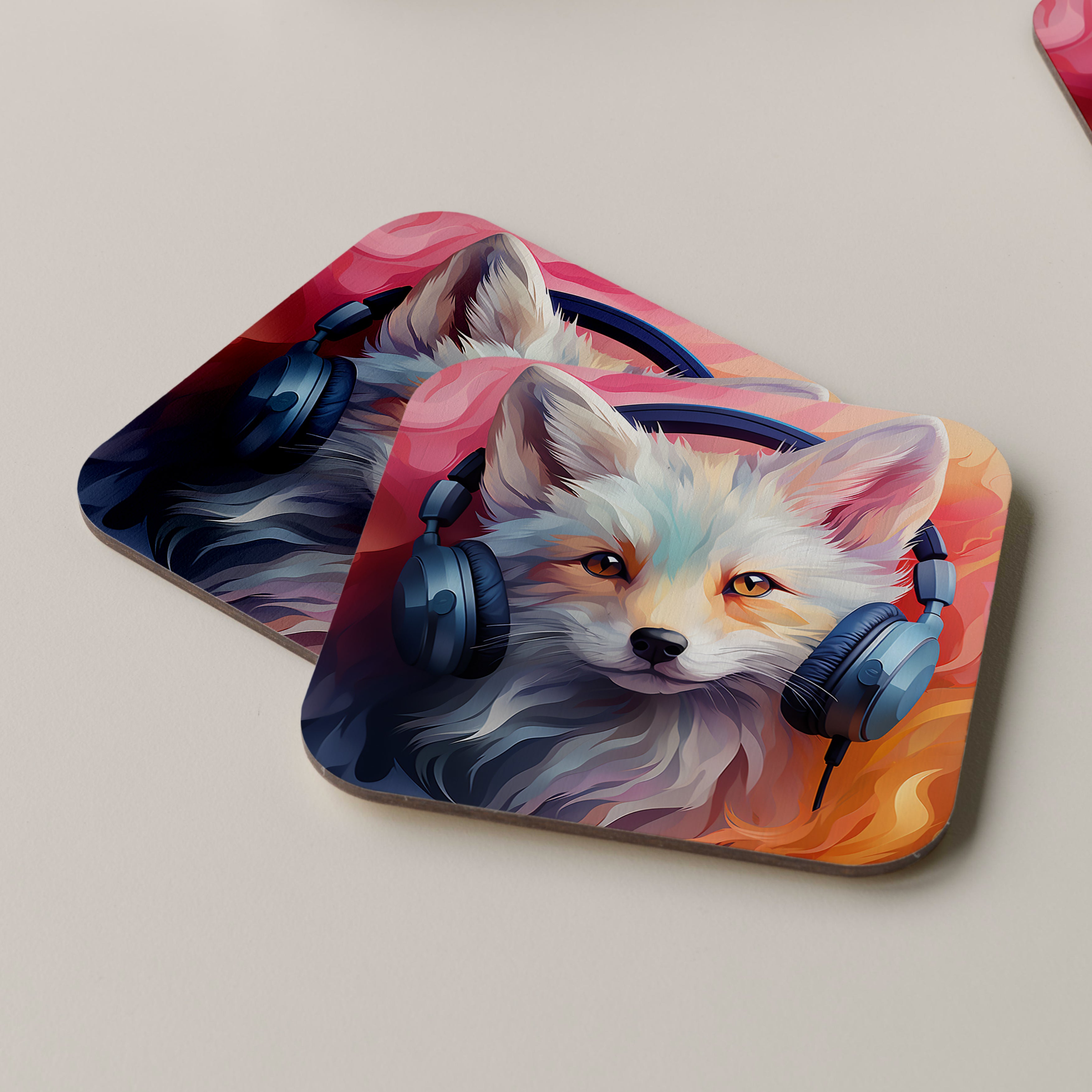 Arctic Fox Wearing Headphones Coasters