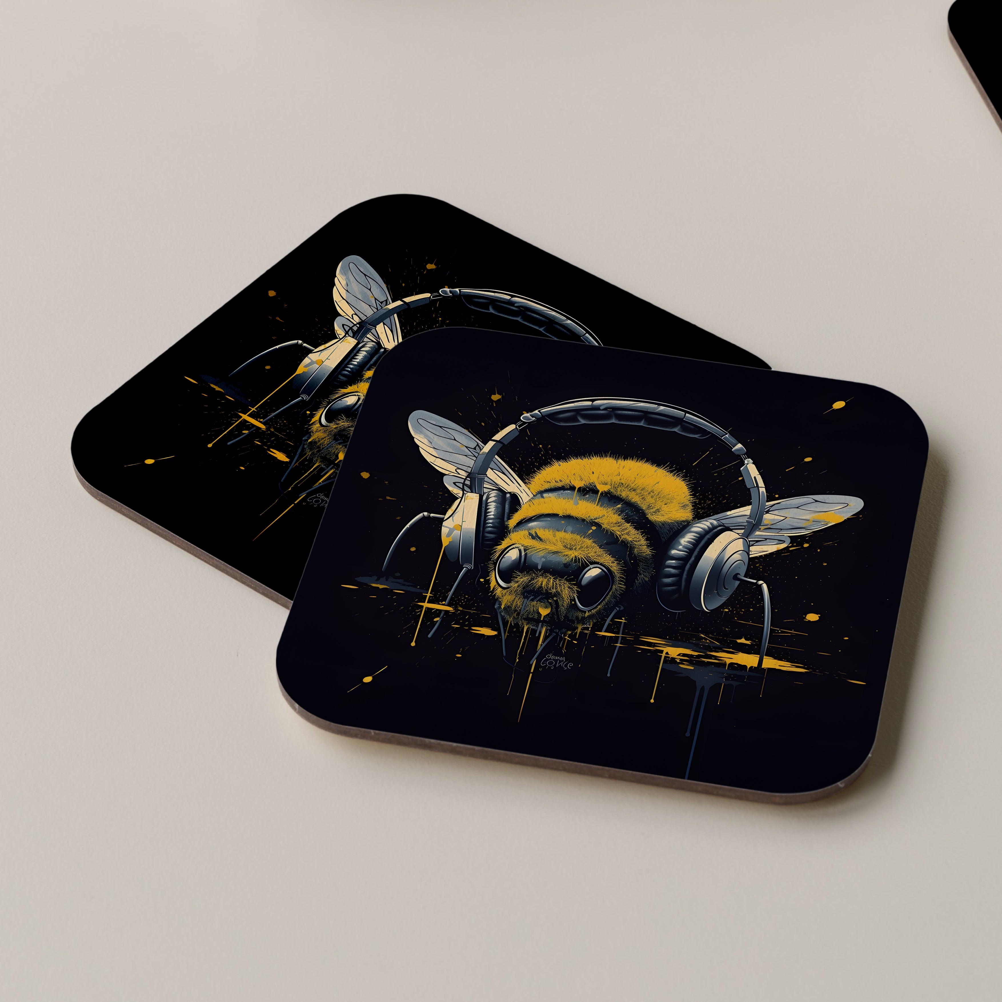 Bumblebee Wearing Headphones Coasters