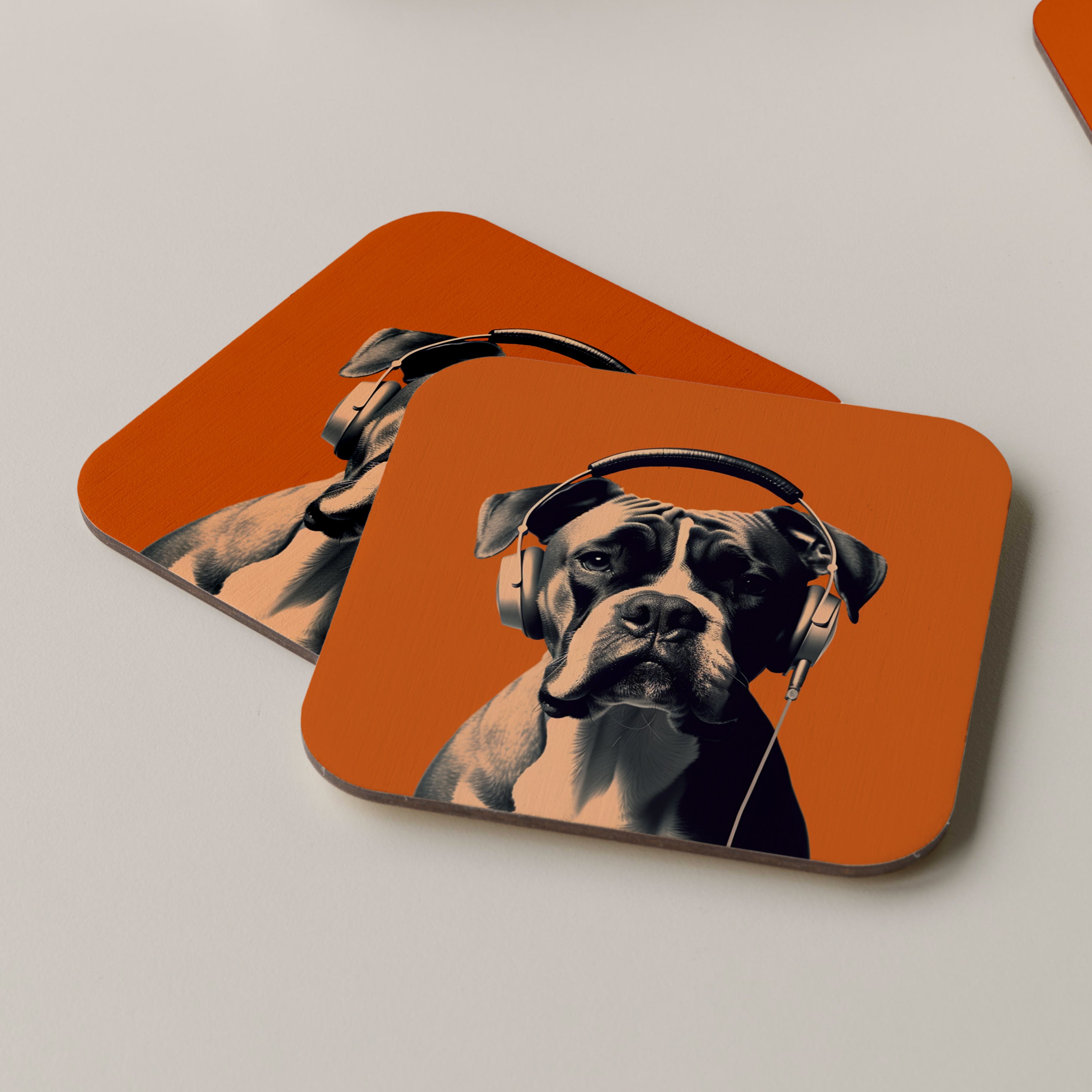 Boxer Dog Wearing Headphones Coasters
