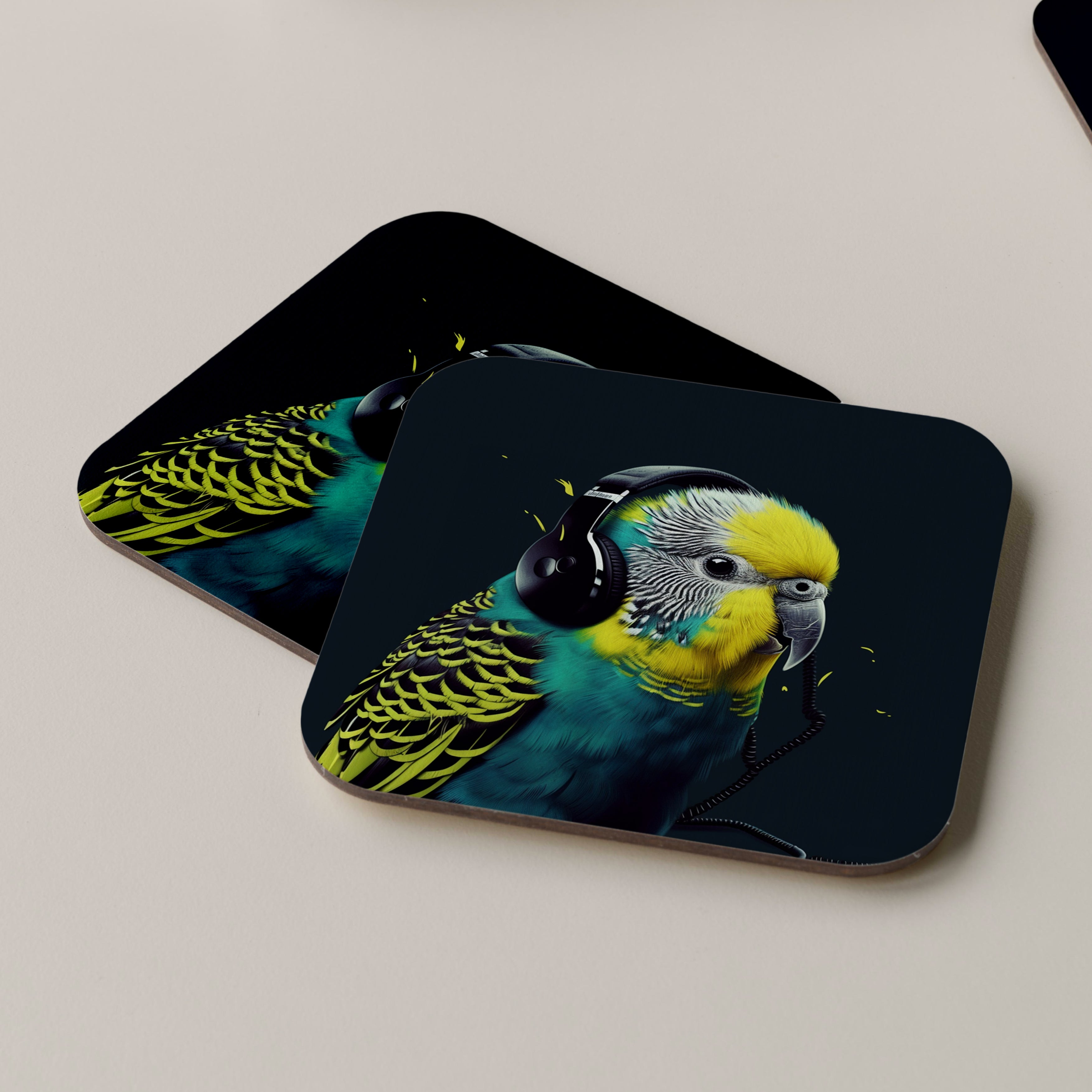 Budgerigar Wearing Headphones Coasters