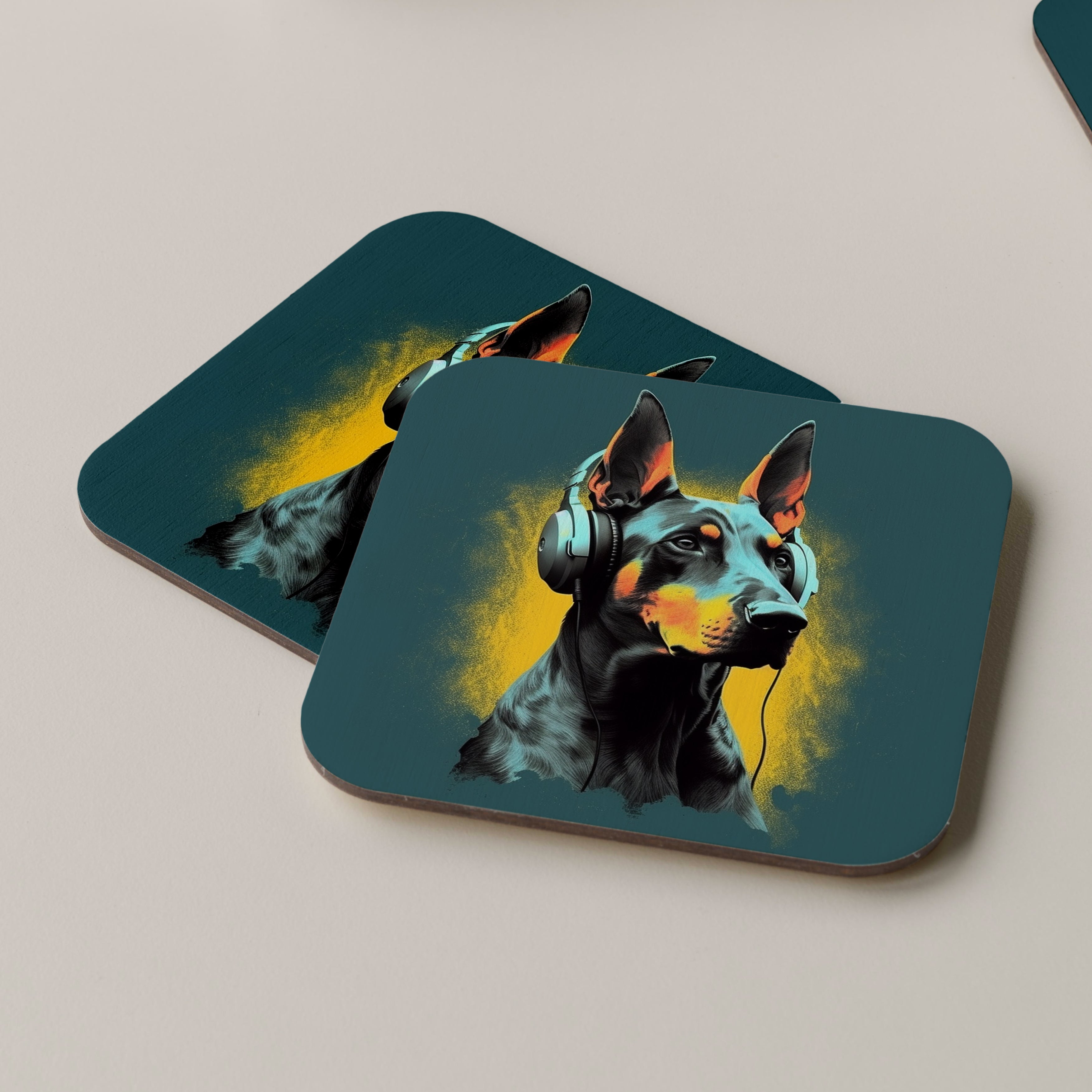 Dobermann Wearing Headphones Coasters