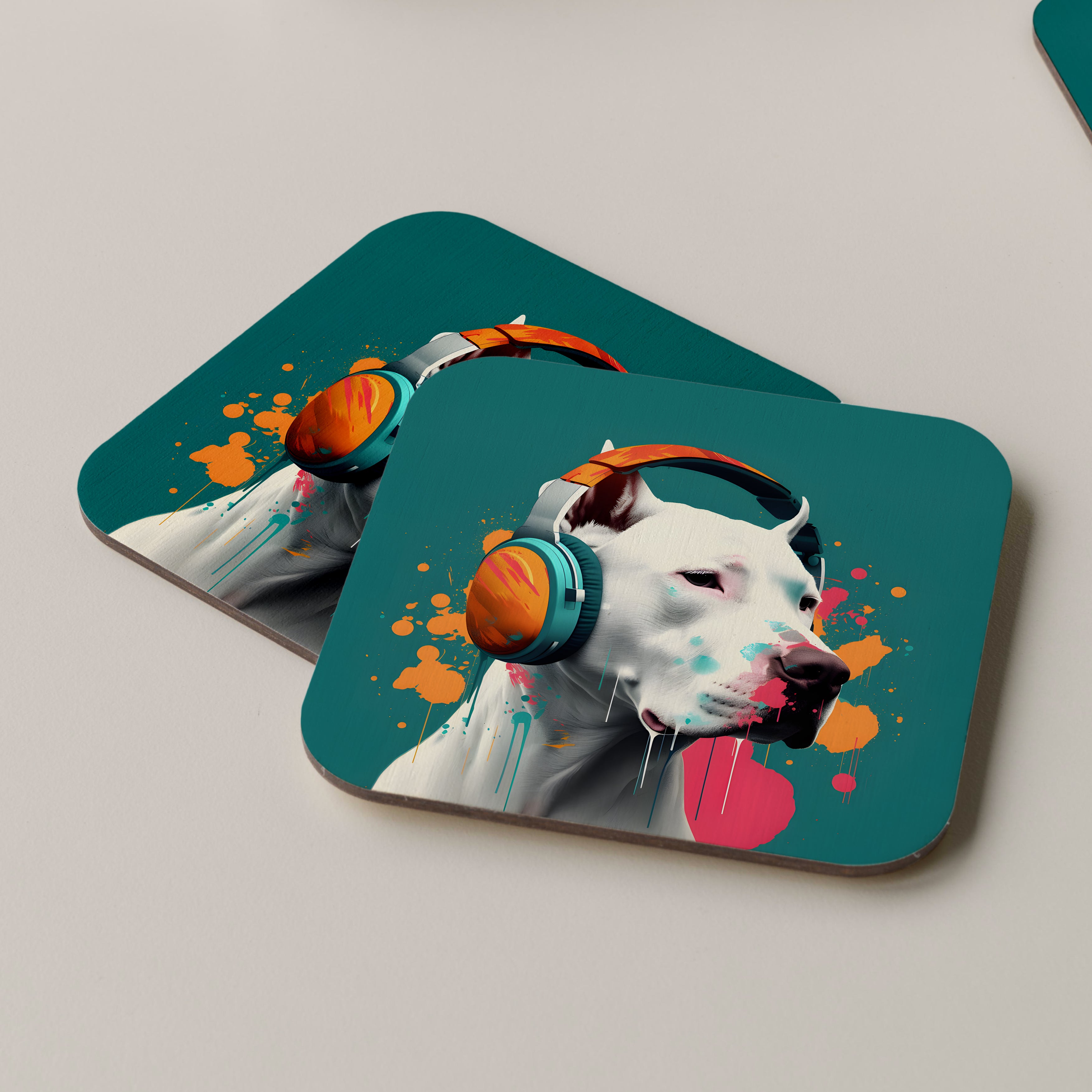 Dogo Argentino Wearing Headphones Coasters