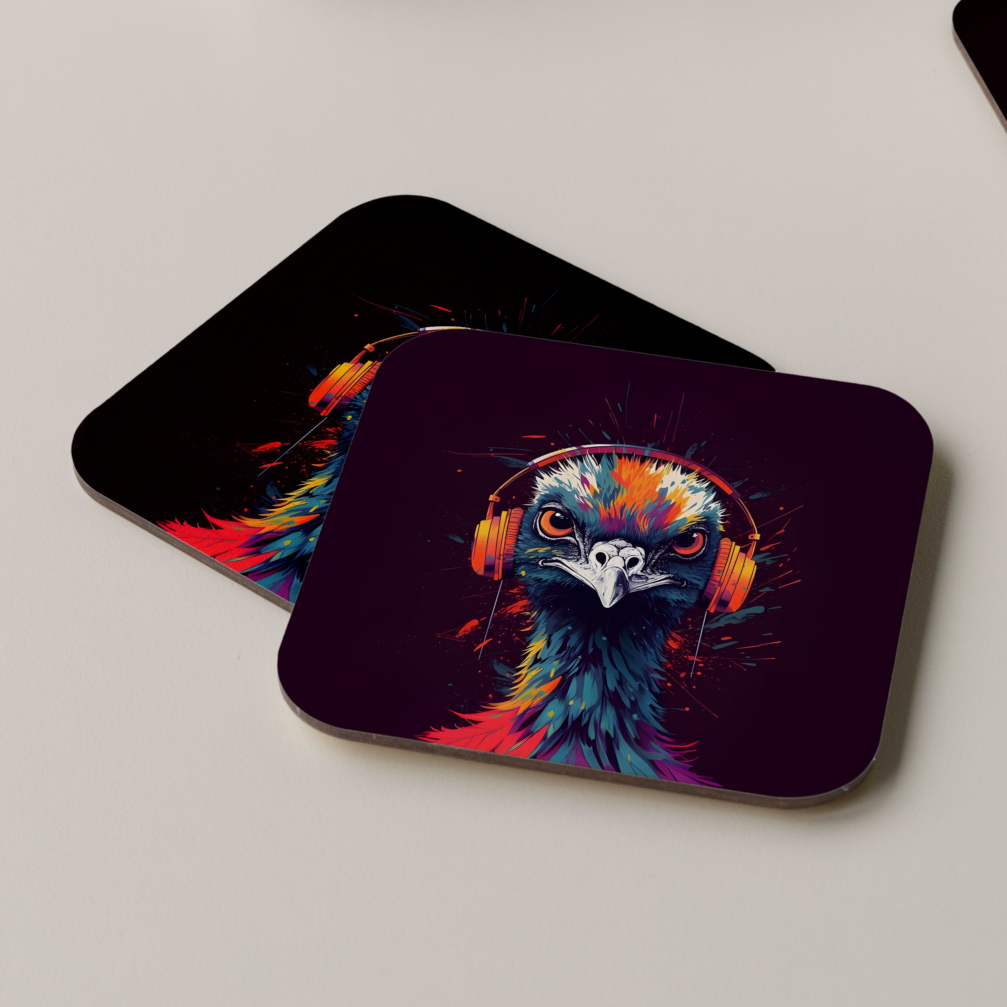 Emu Wearing Headphones Coasters