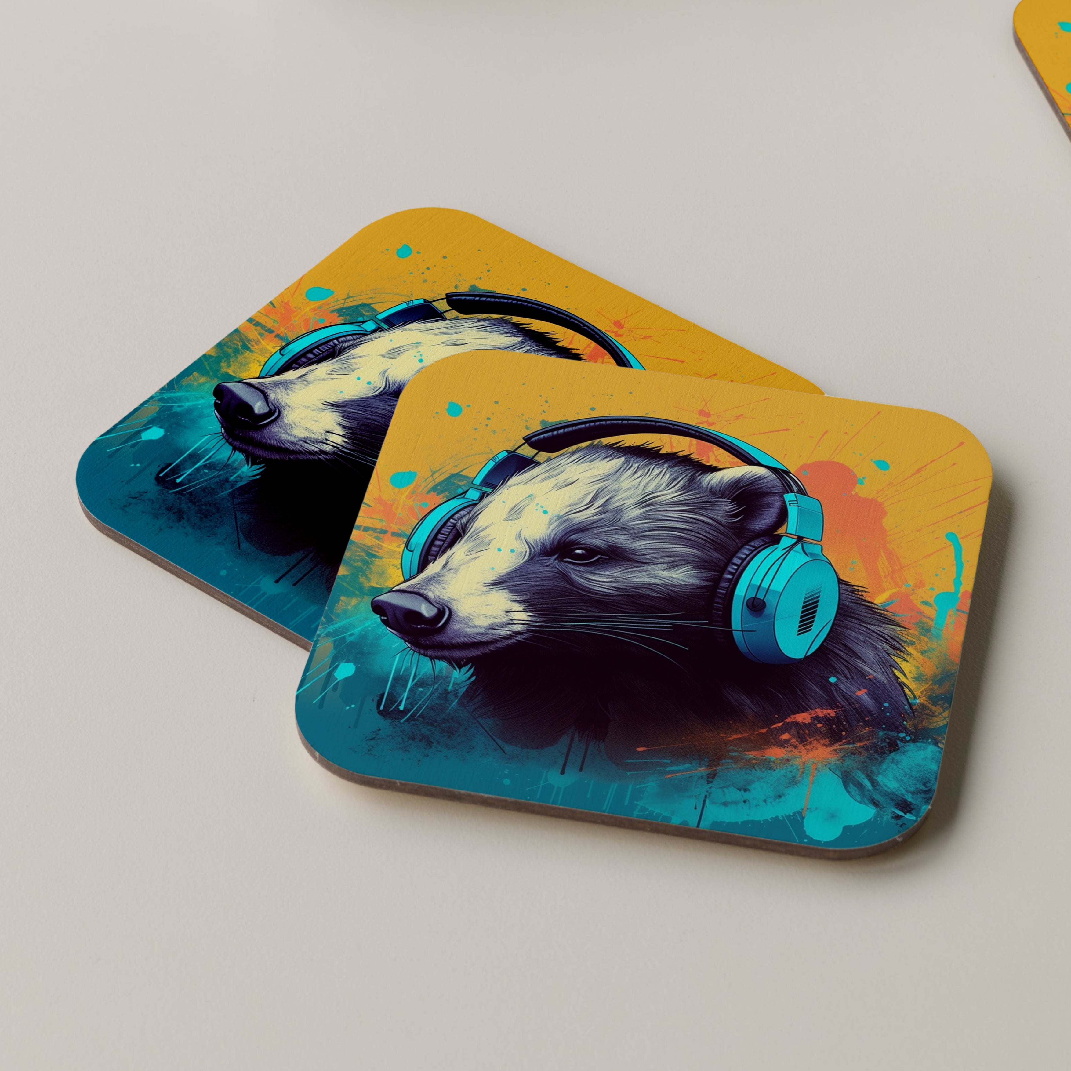 Badger Wearing Headphones Coasters