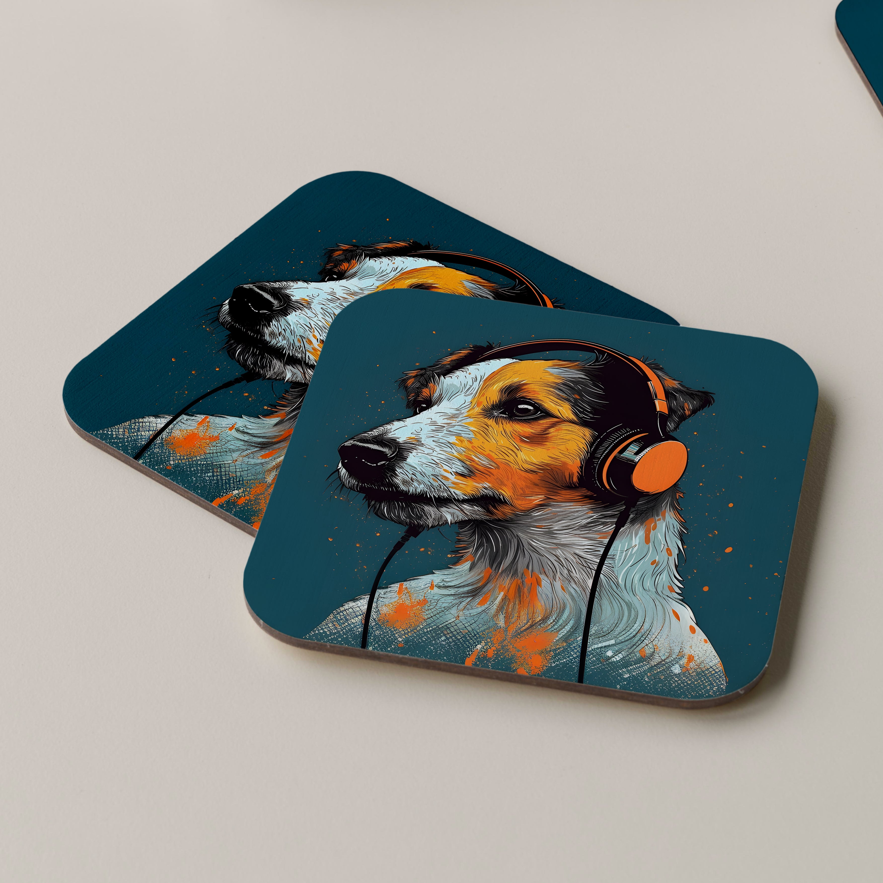 Jack Russell Terrier Wearing Headphones Coasters