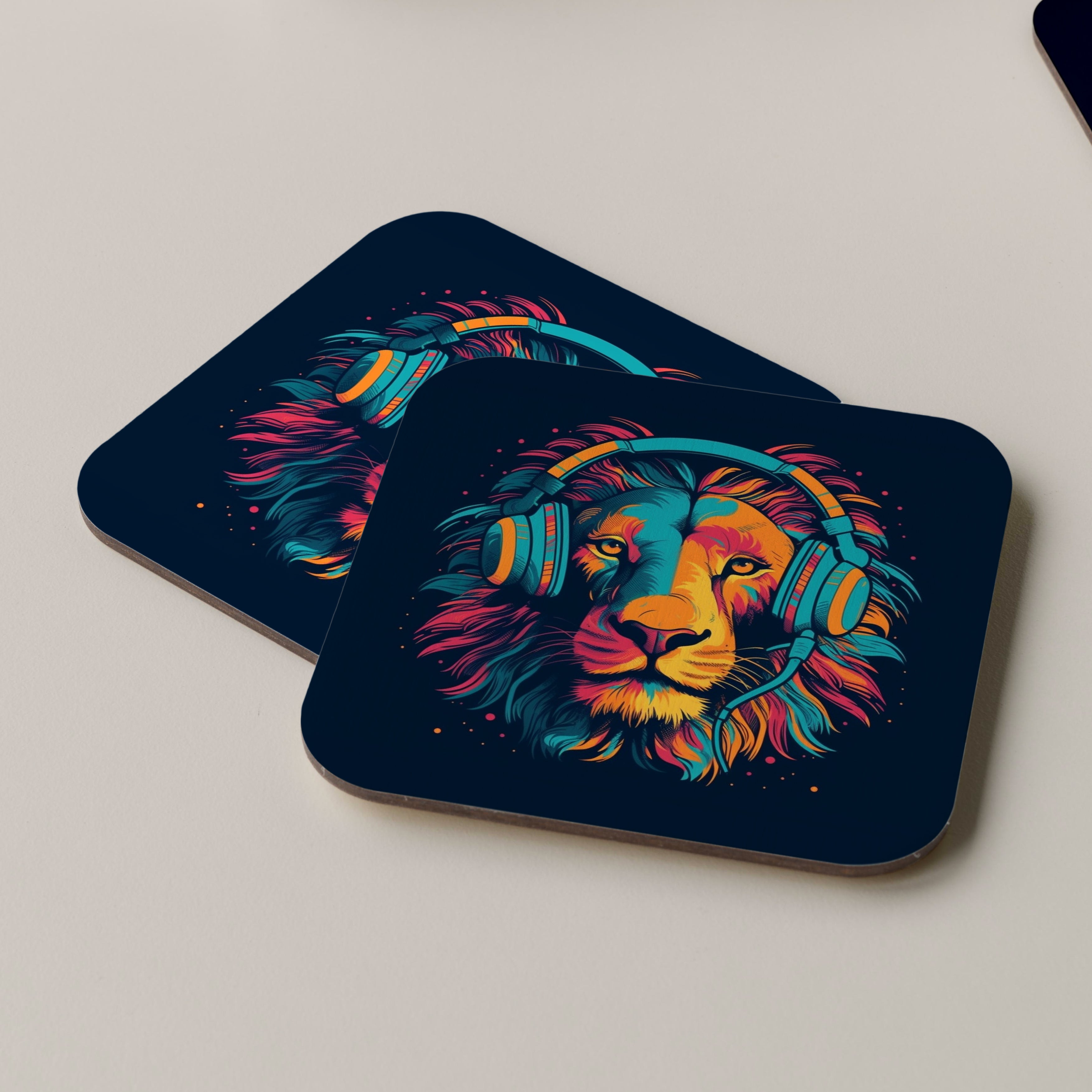 Lion Wearing Headphones Coasters