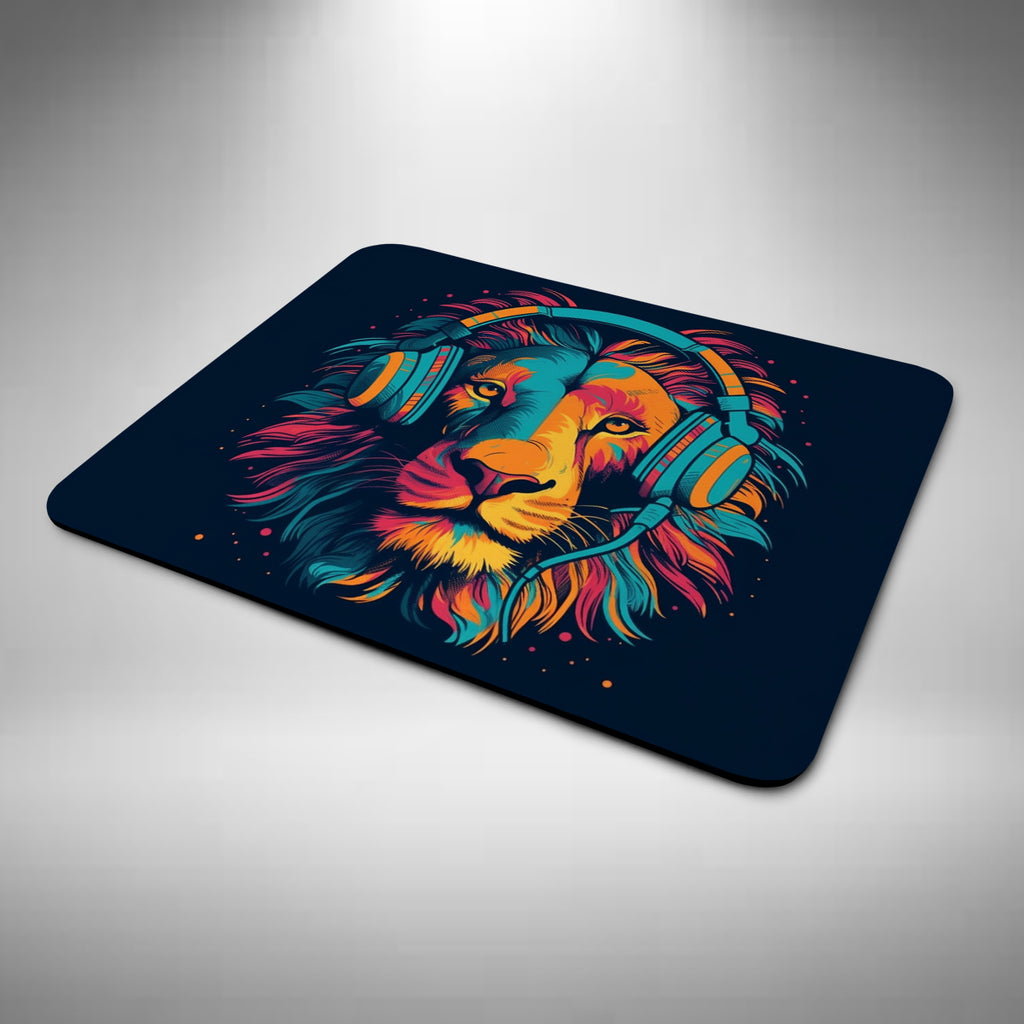 Lion Wearing Headphones Mouse Mat