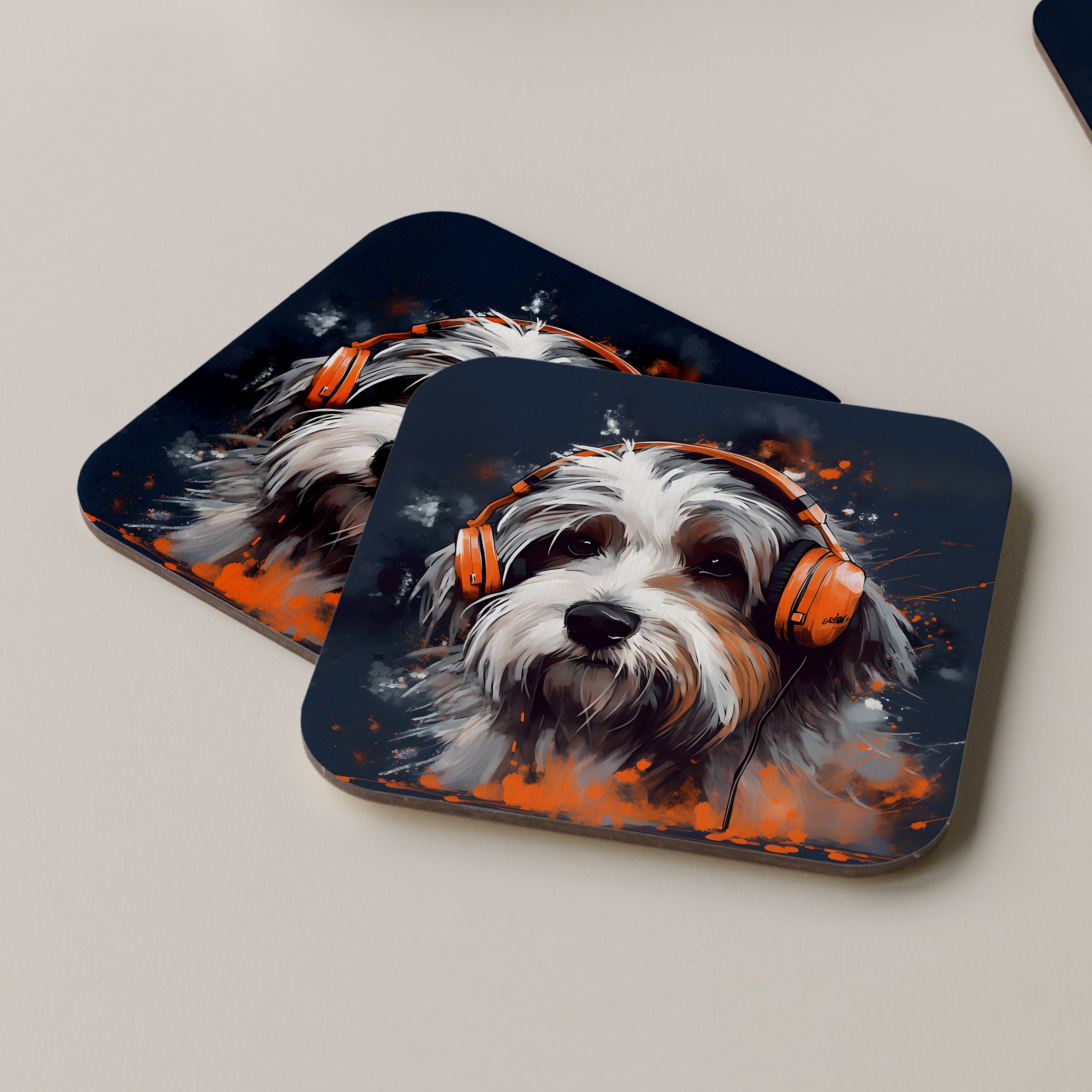 Löwchen Wearing Headphones Coasters