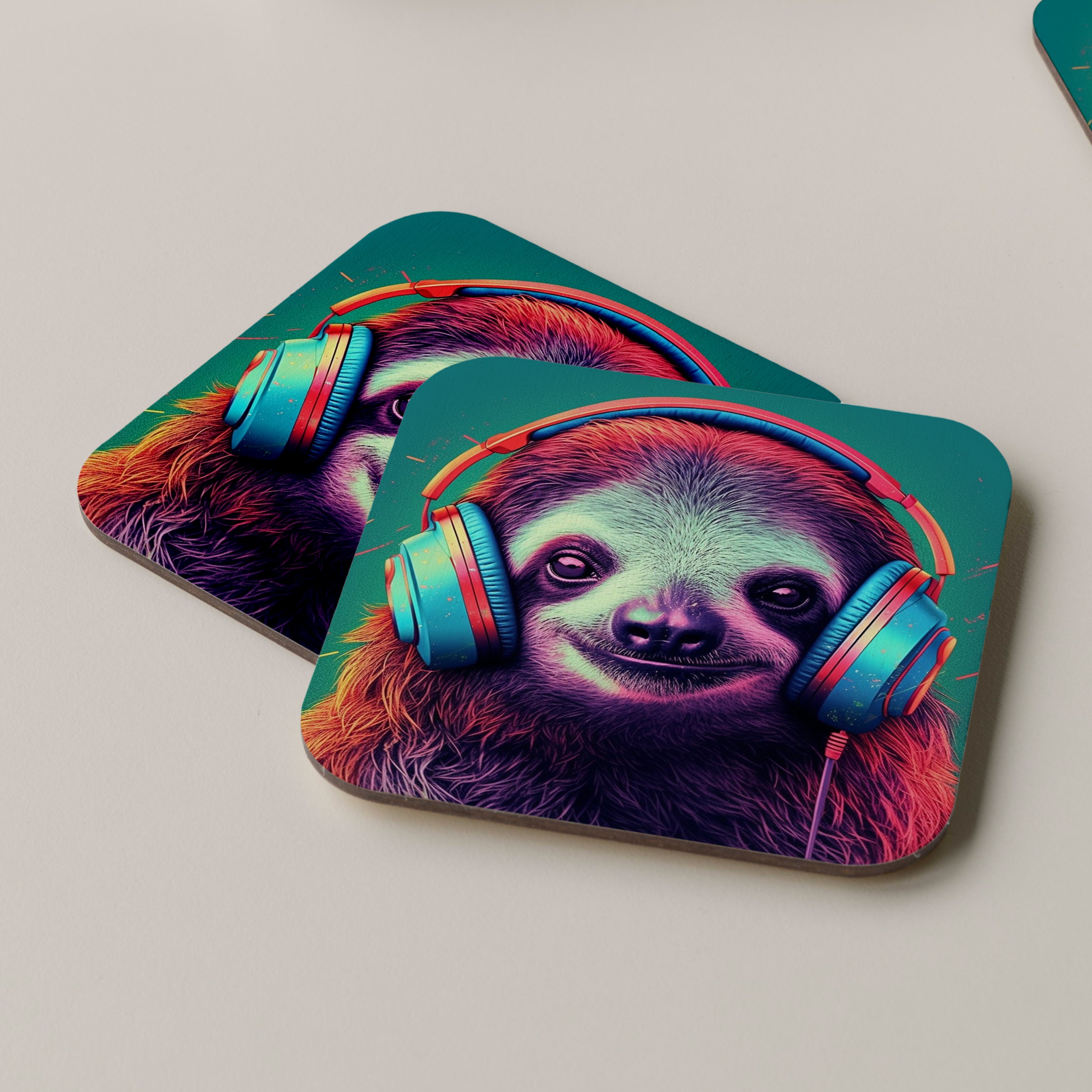 Sloth Wearing Headphones Coasters