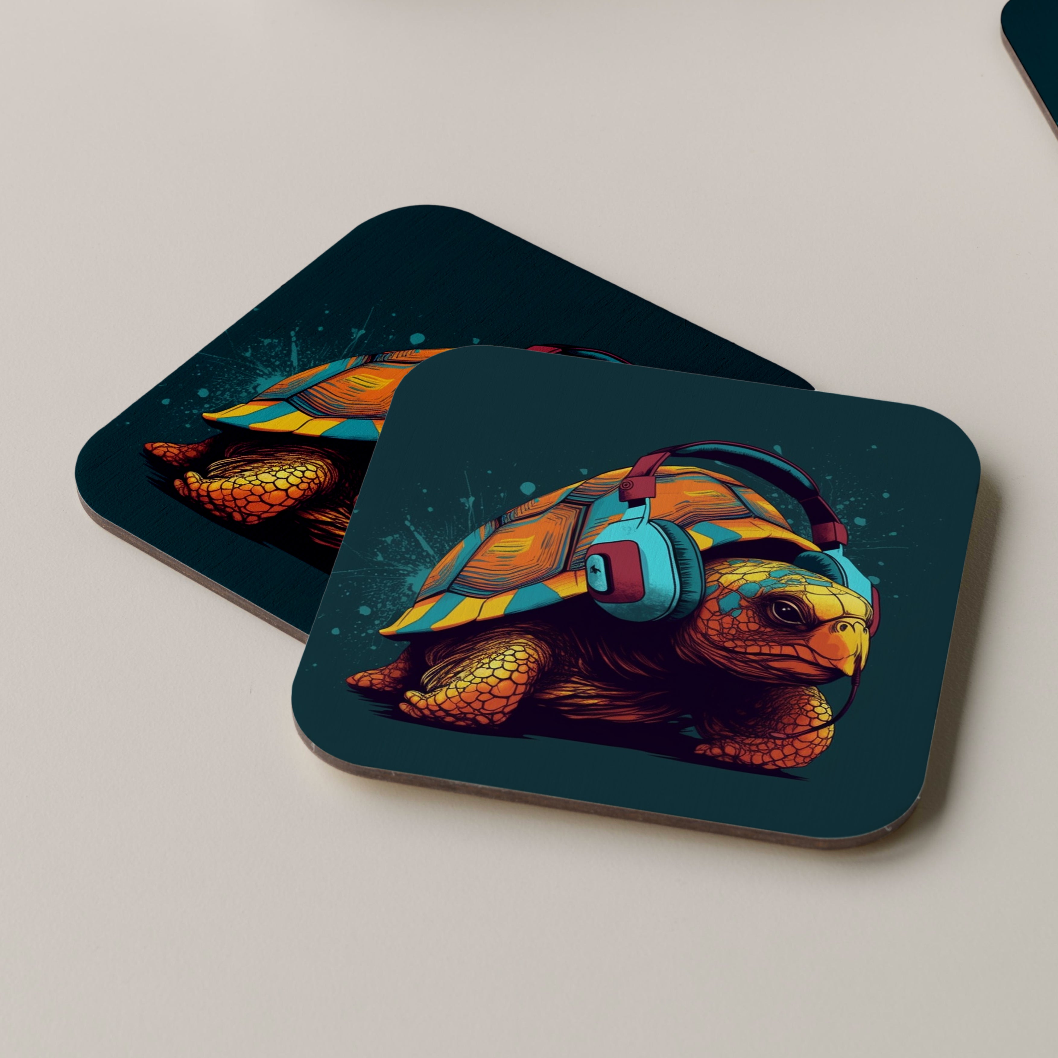 Tortoise Wearing Headphones Coasters